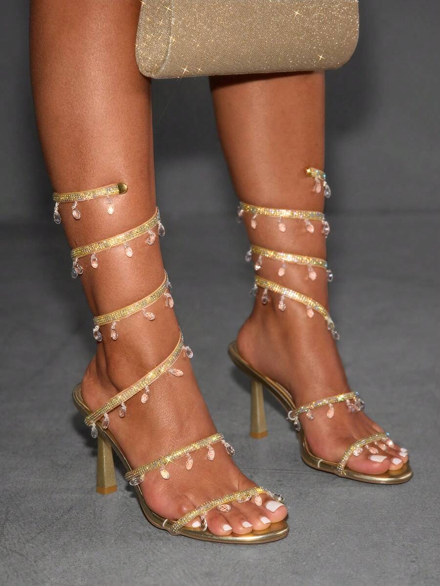 CUCCOO SZL Women's Rhinestone Embellished Wrap-Around Design Glamorous High Heel Sandals For Christmas Spring Shoes Prom Heels Summer Shoes