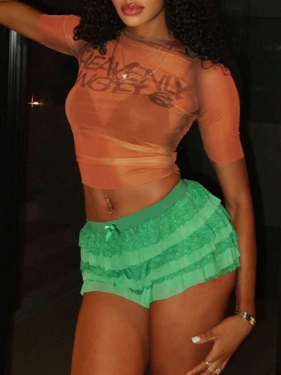 Sexy Summer Women's Top, Printed Mesh Short Sleeve T-Shirt For Valentine's Day, Nightclub, Sexy Party Wear, Sheer Top Casual