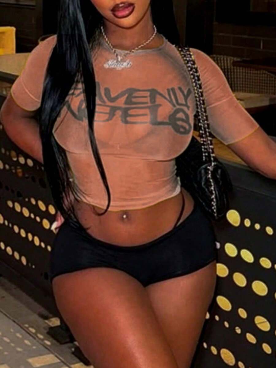 Sexy Summer Women's Top, Printed Mesh Short Sleeve T-Shirt For Valentine's Day, Nightclub, Sexy Party Wear, Sheer Top Casual