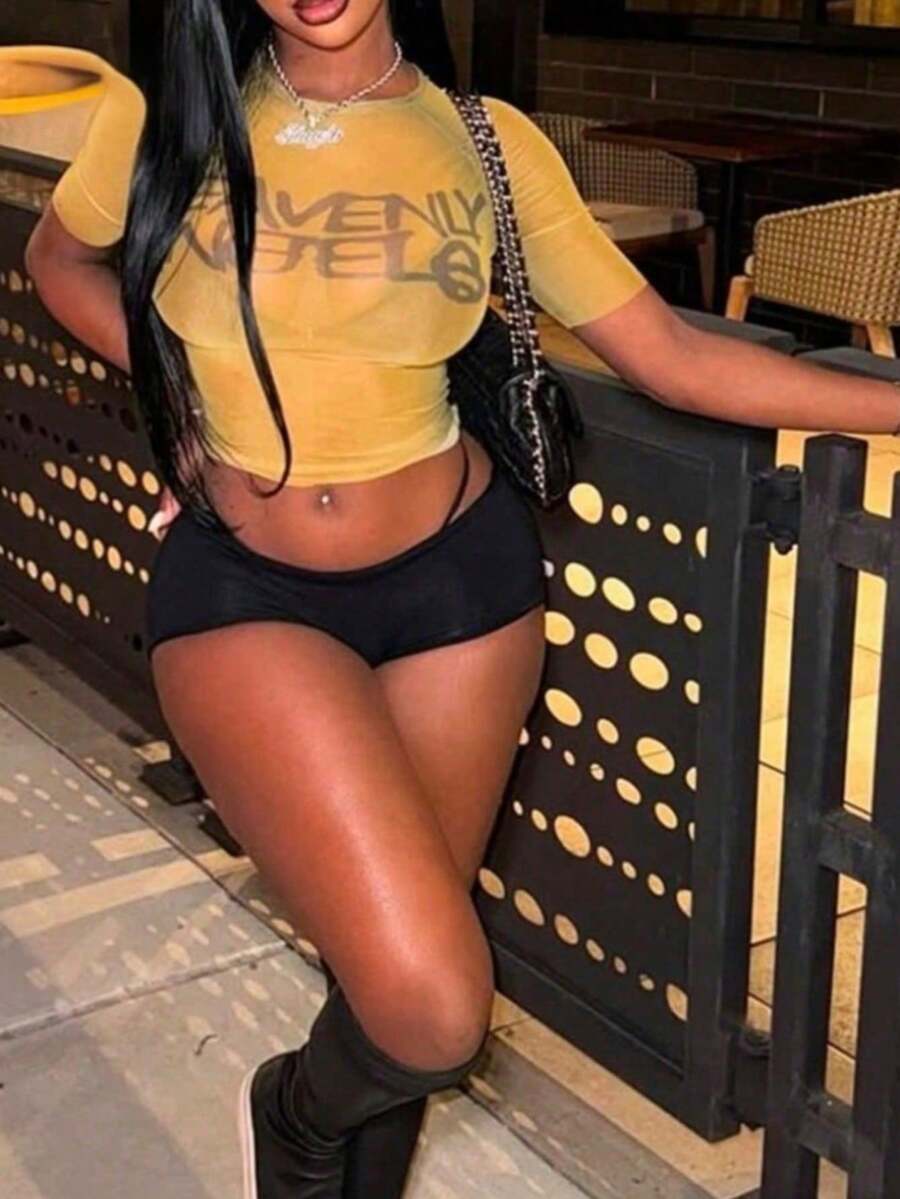 Sexy Summer Women's Top, Printed Mesh Short Sleeve T-Shirt For Valentine's Day, Nightclub, Sexy Party Wear, Sheer Top Casual