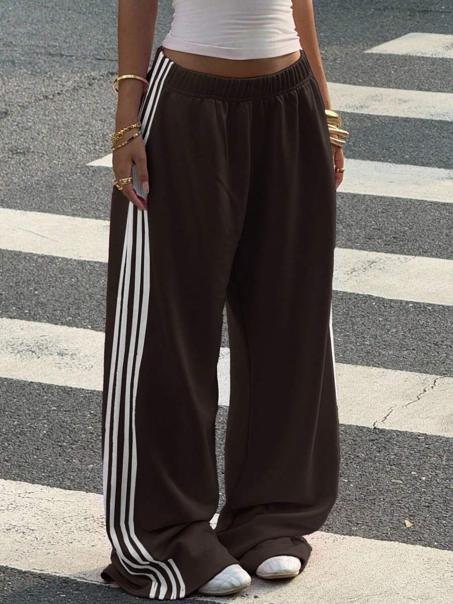 Muchica Women's Chocolate Brown Wide Leg Sweatpants With Brown Stripe,Winter Athleisure Gym Extra Long Knitted Fabric Casual Oversized Loose Striped Pants