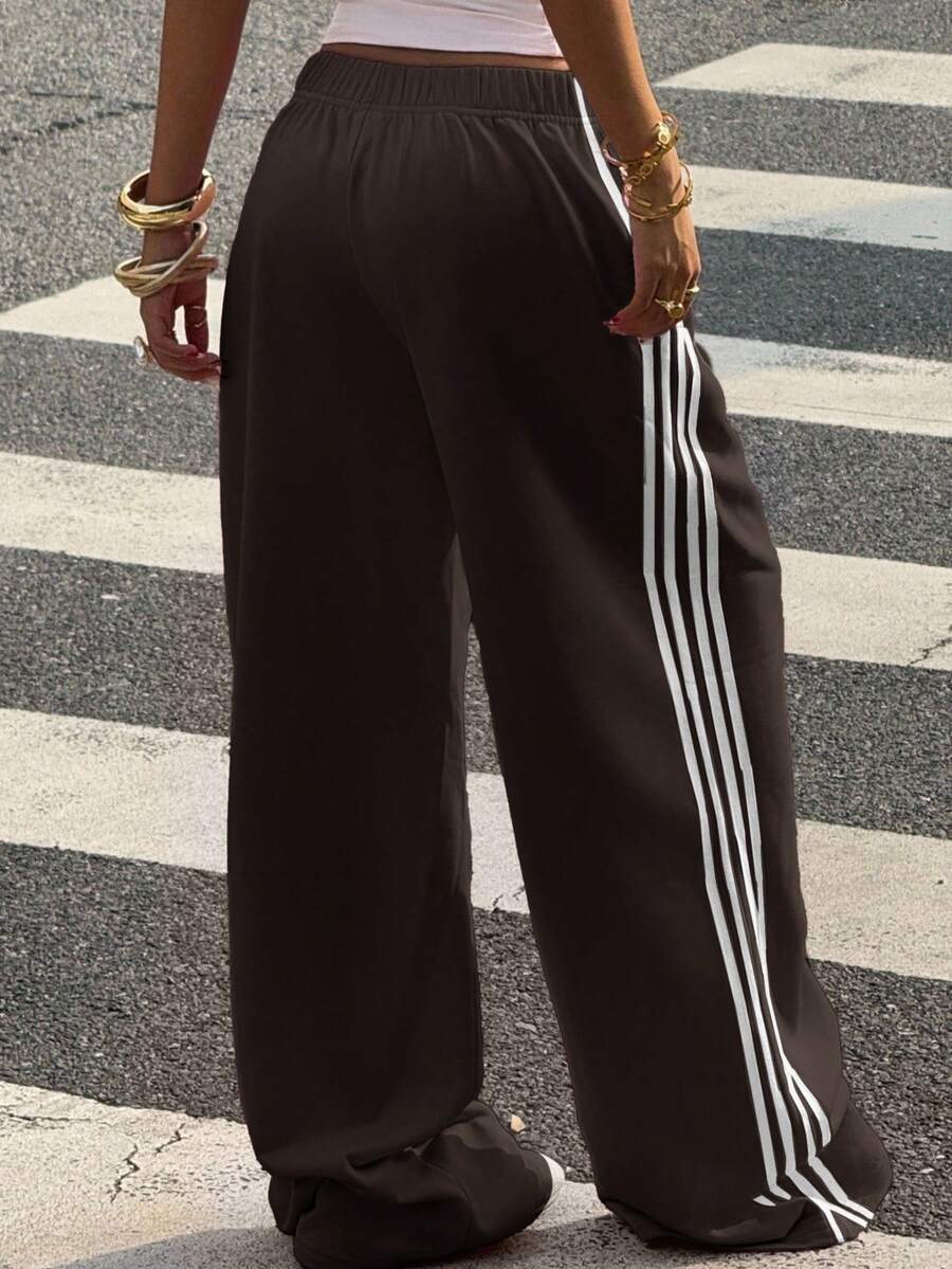 Muchica Women's Chocolate Brown Wide Leg Sweatpants With Brown Stripe,Winter Athleisure Gym Extra Long Knitted Fabric Casual Oversized Loose Striped Pants