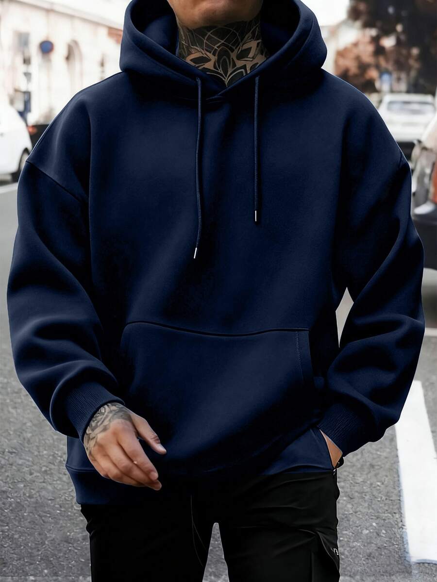 Men's Casual Minimalist Solid Color Kangaroo Pocket Drawstring Hoodie, Suitable For Daily Commute, Autumn/Winter
