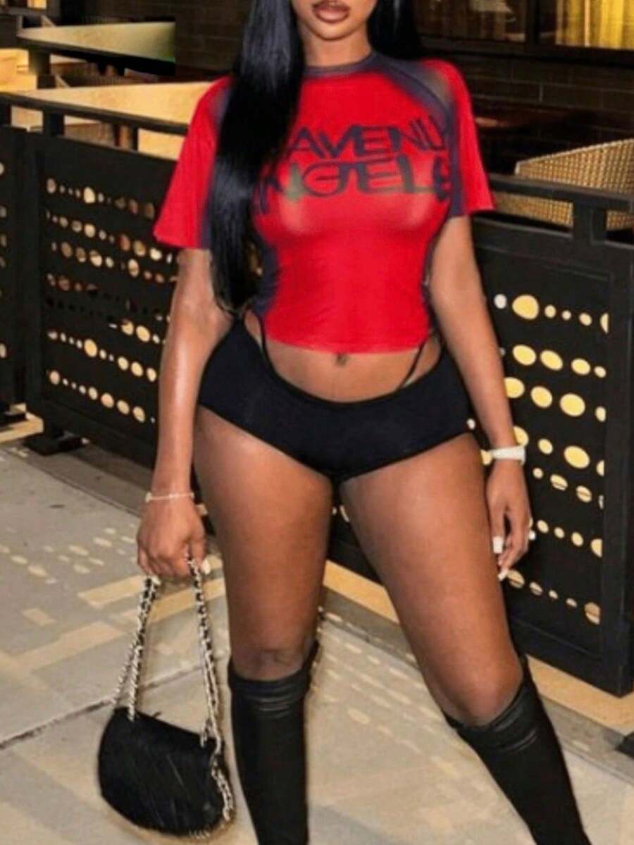Sexy Summer Women's Top, Printed Mesh Short Sleeve T-Shirt For Valentine's Day, Nightclub, Sexy Party Wear, Sheer Top Casual