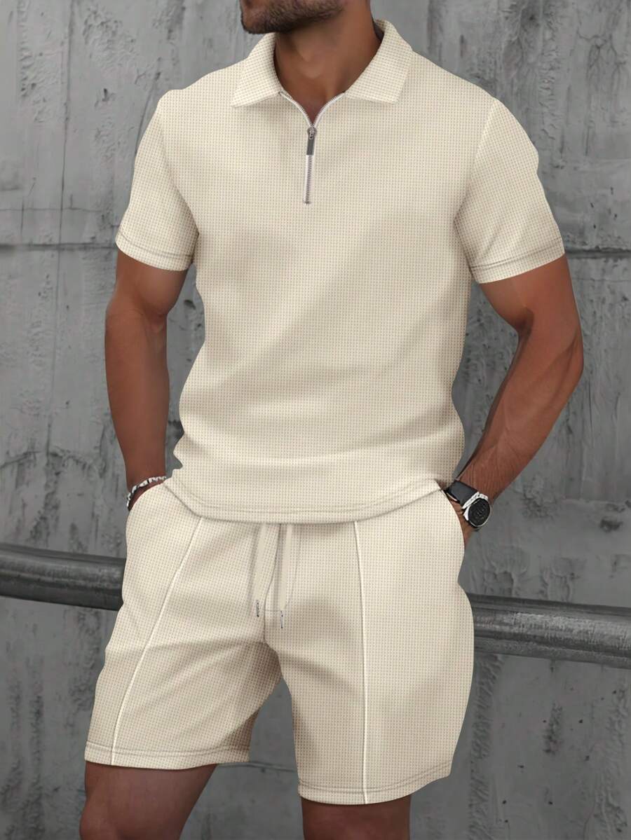 2pcs/Set Men's Waffle Fabric Classic Zip Collar Short Sleeve Polo Shirt + Shorts, Summer Casual Fashion Resort Beach Outfit