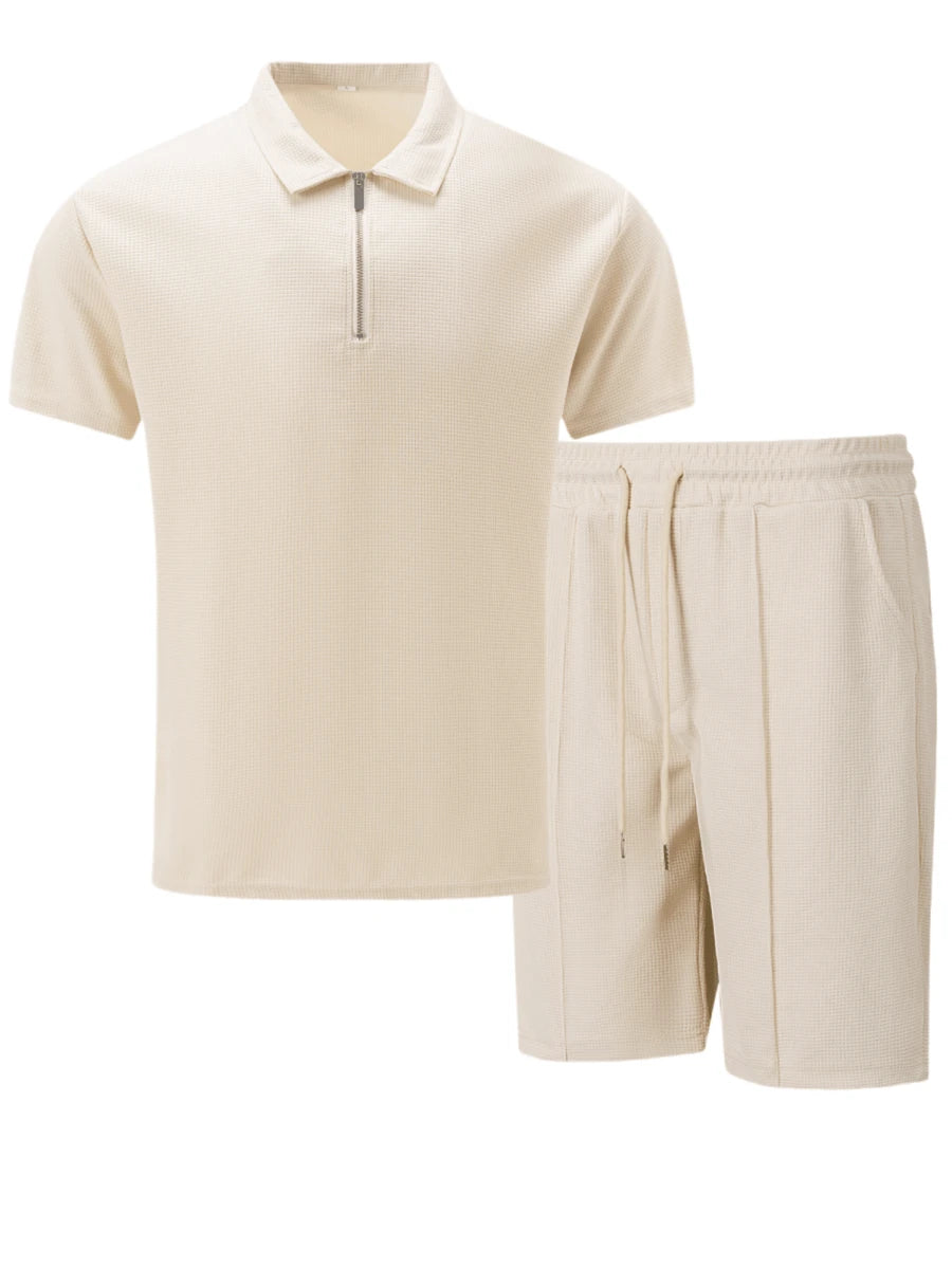 2pcs/Set Men's Waffle Fabric Classic Zip Collar Short Sleeve Polo Shirt + Shorts, Summer Casual Fashion Resort Beach Outfit