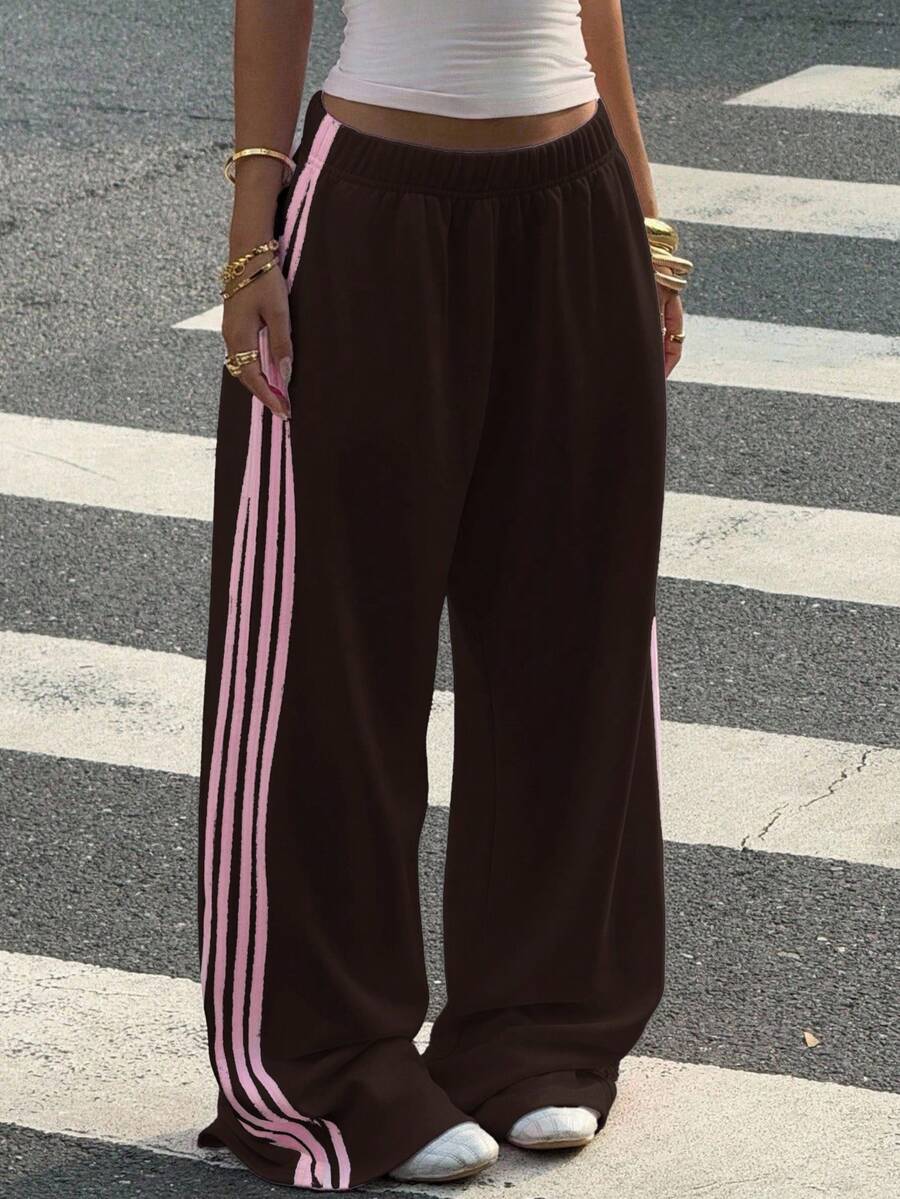 Muchica Women's Chocolate Brown Wide Leg Sweatpants With Brown Stripe,Winter Athleisure Gym Extra Long Knitted Fabric Casual Oversized Loose Striped Pants