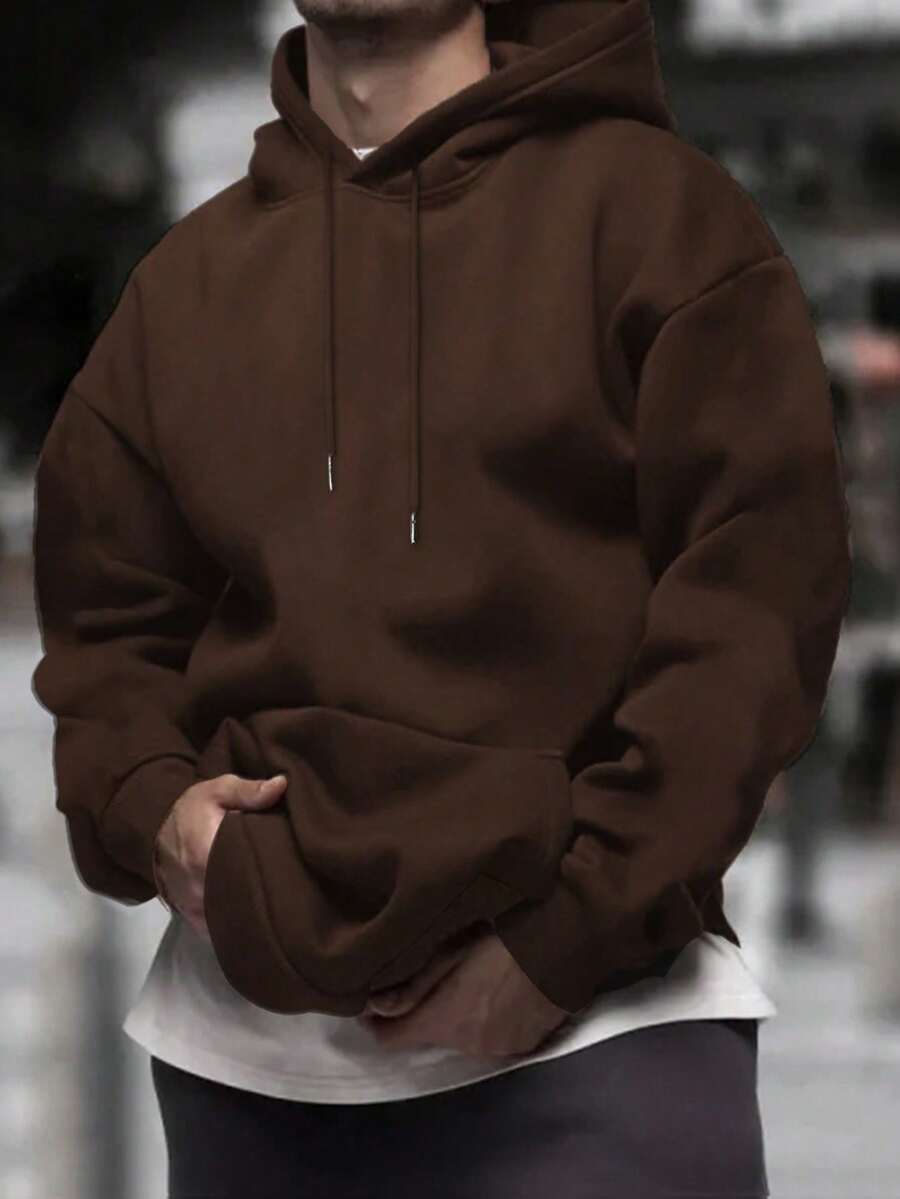 Men's Casual Minimalist Solid Color Kangaroo Pocket Drawstring Hoodie, Suitable For Daily Commute, Autumn/Winter