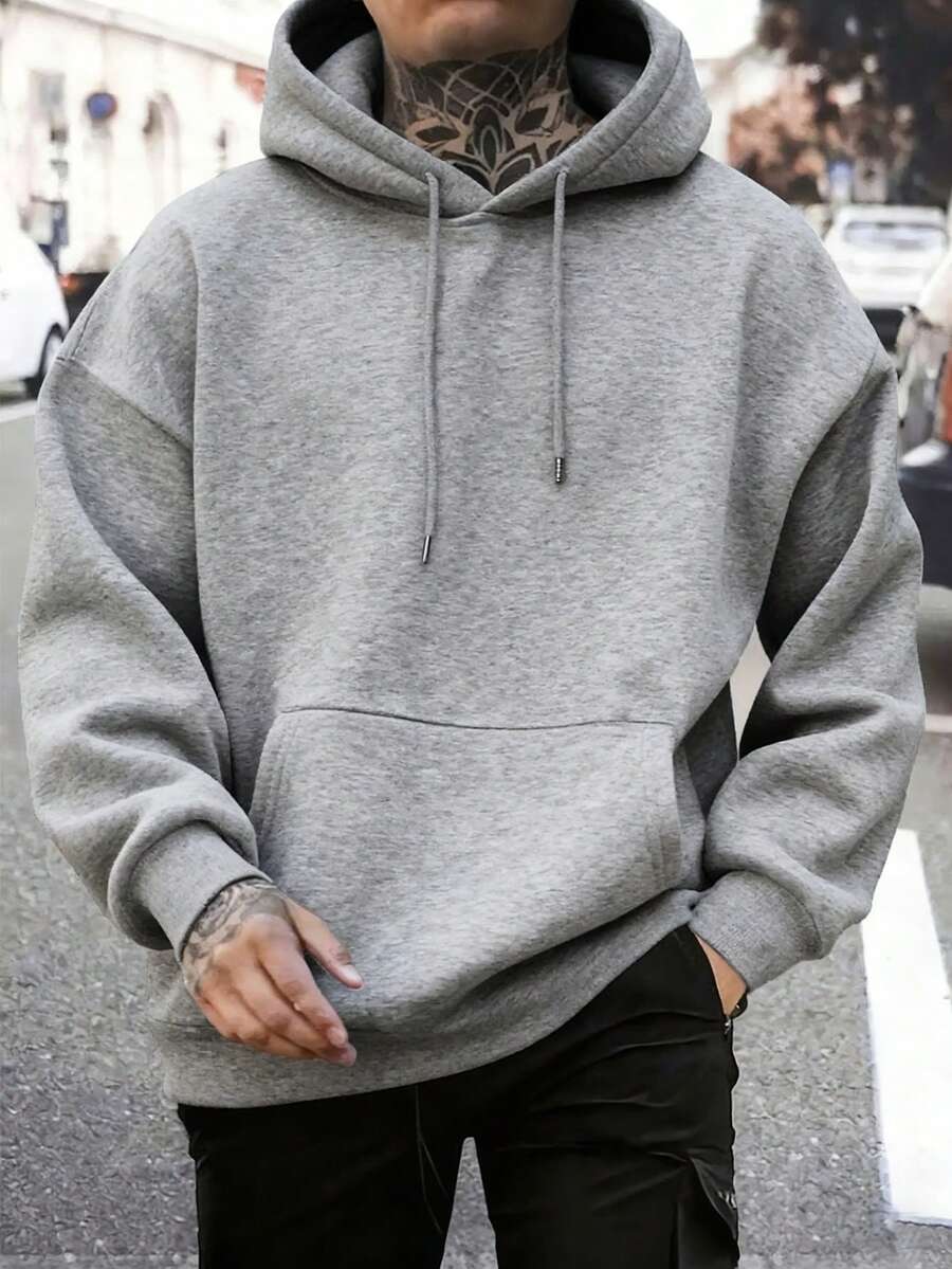 Men's Casual Minimalist Solid Color Kangaroo Pocket Drawstring Hoodie, Suitable For Daily Commute, Autumn/Winter
