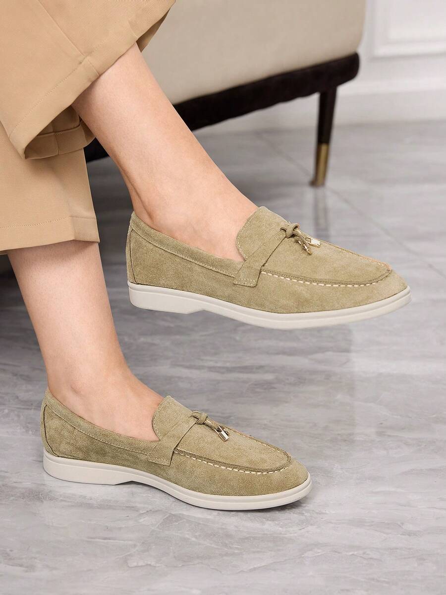 Sleekvia Women's Fashionable Apricot Suede Bow Tassel Design Comfortable Casual Loafers, Suitable For Commuting, Outdoor, Travel, Shopping, Work, Daily Wear