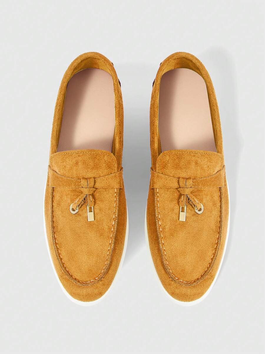 Sleekvia Women's Fashionable Apricot Suede Bow Tassel Design Comfortable Casual Loafers, Suitable For Commuting, Outdoor, Travel, Shopping, Work, Daily Wear