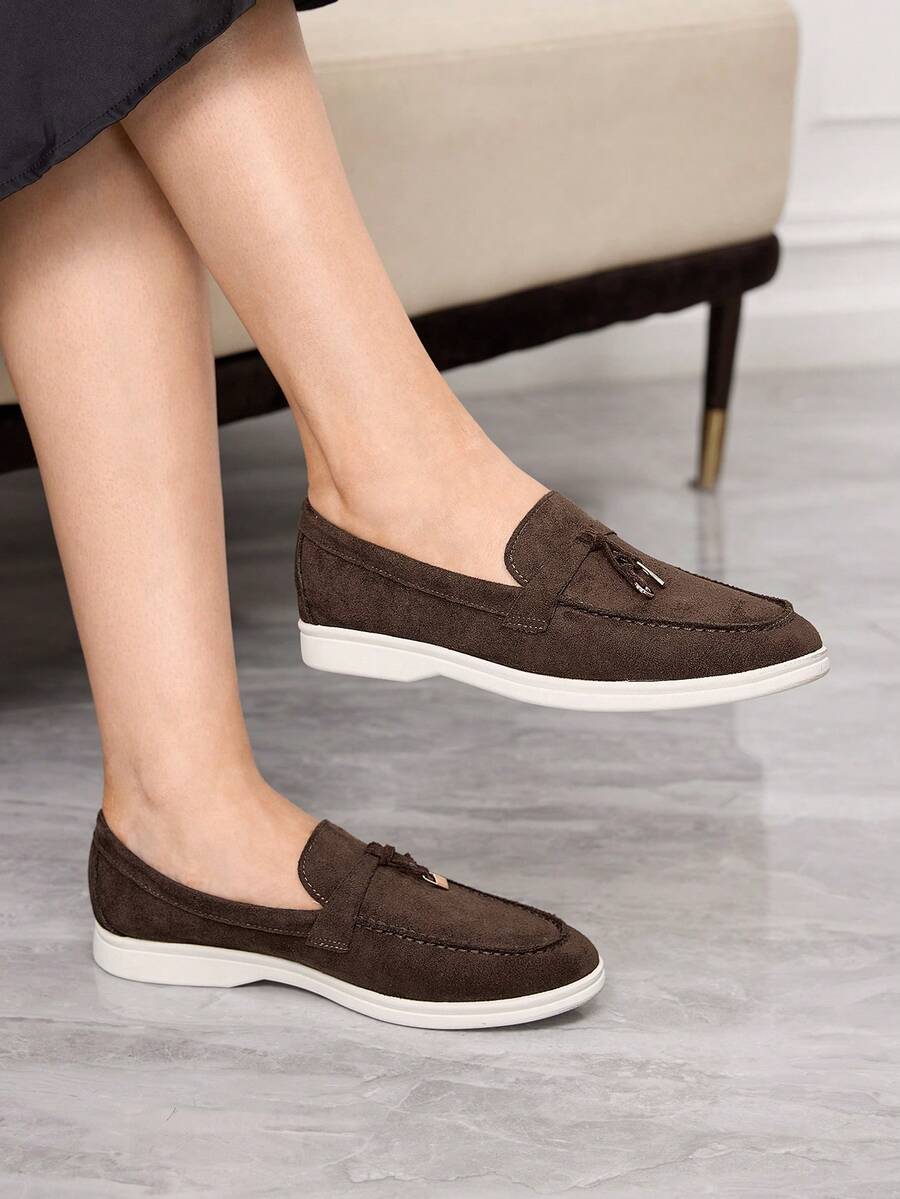 Sleekvia Women's Fashionable Apricot Suede Bow Tassel Design Comfortable Casual Loafers, Suitable For Commuting, Outdoor, Travel, Shopping, Work, Daily Wear