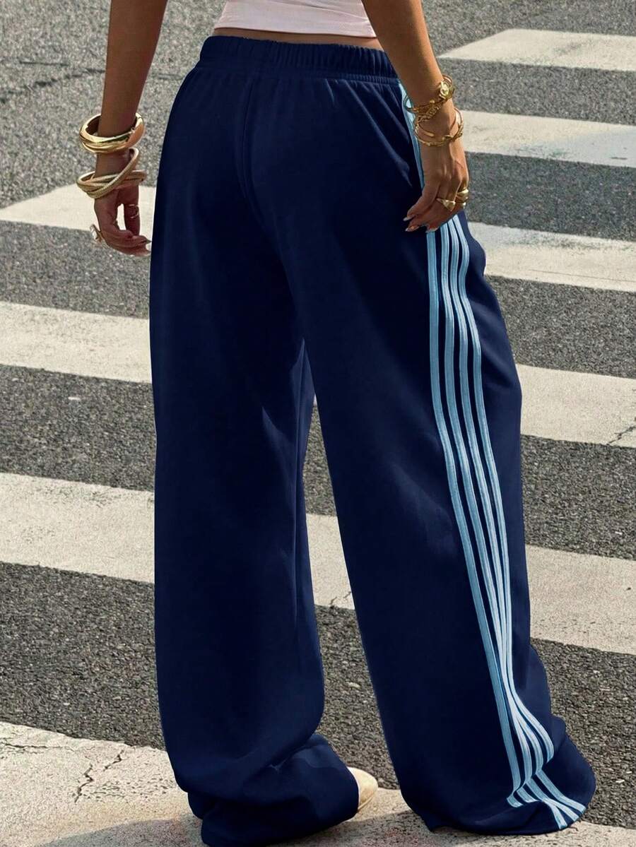 Muchica Women's Chocolate Brown Wide Leg Sweatpants With Brown Stripe,Winter Athleisure Gym Extra Long Knitted Fabric Casual Oversized Loose Striped Pants