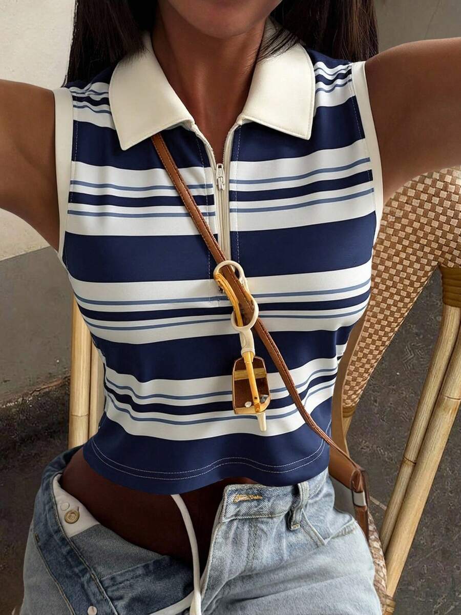 DAZY Women's Striped Collared Casual Tank Top, Summer Y2k
