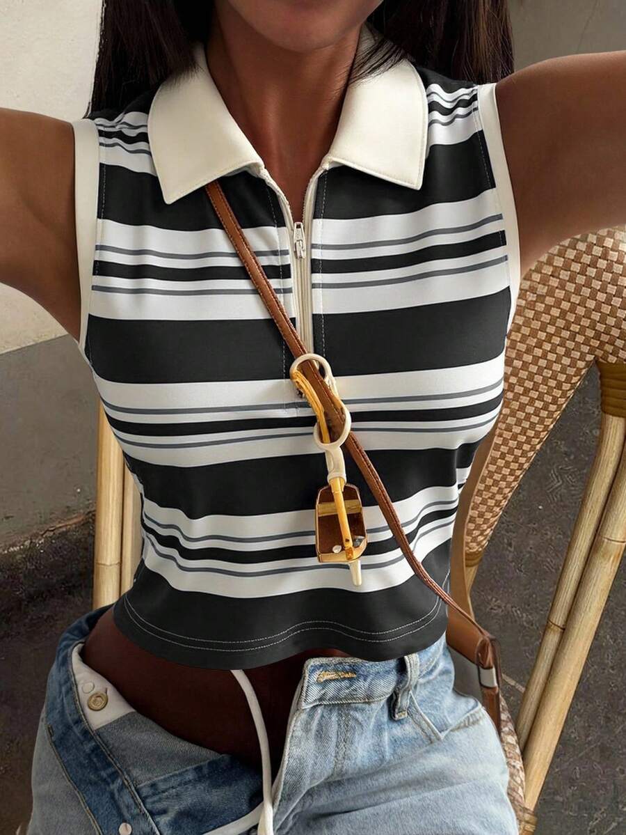 DAZY Women's Striped Collared Casual Tank Top, Summer Y2k