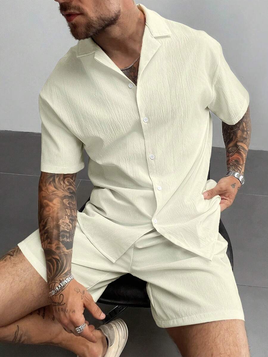 2pcs Men's Summer Set, Lightweight Breathable Cuban Linen Shirt And Drawstring Shorts Set, Vintage Gentleman Style Casual Beach Wedding Party Holiday Travel Outfit, Father's Day Gift For Husband, Dad, Boyfriend, Comfortable & Versatile