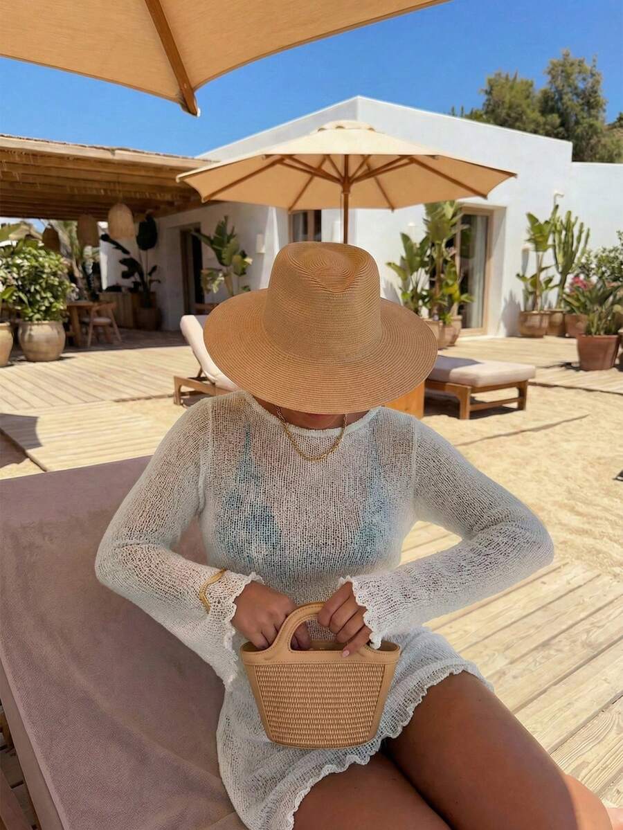 Women's Solid Yellow Hollow Long Sleeve Knit Dress, Y2K Style Casual Loose Fit, Elegant Beach Vacation Style, Swimsuit Cover-Up Summer