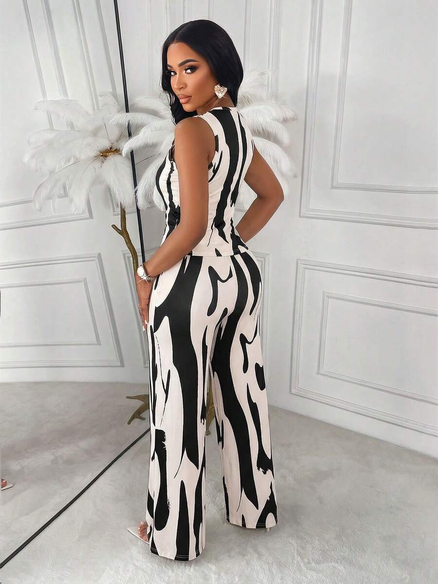 AIJ Amarilo Striped Sleeveless Top And Straight Leg Pants 2-Piece Suit Set, Elegant Business Casual, Latest Spring/Summer Women's Outfit Black
