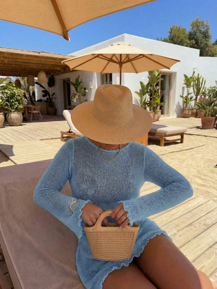 Women's Solid Yellow Hollow Long Sleeve Knit Dress, Y2K Style Casual Loose Fit, Elegant Beach Vacation Style, Swimsuit Cover-Up Summer