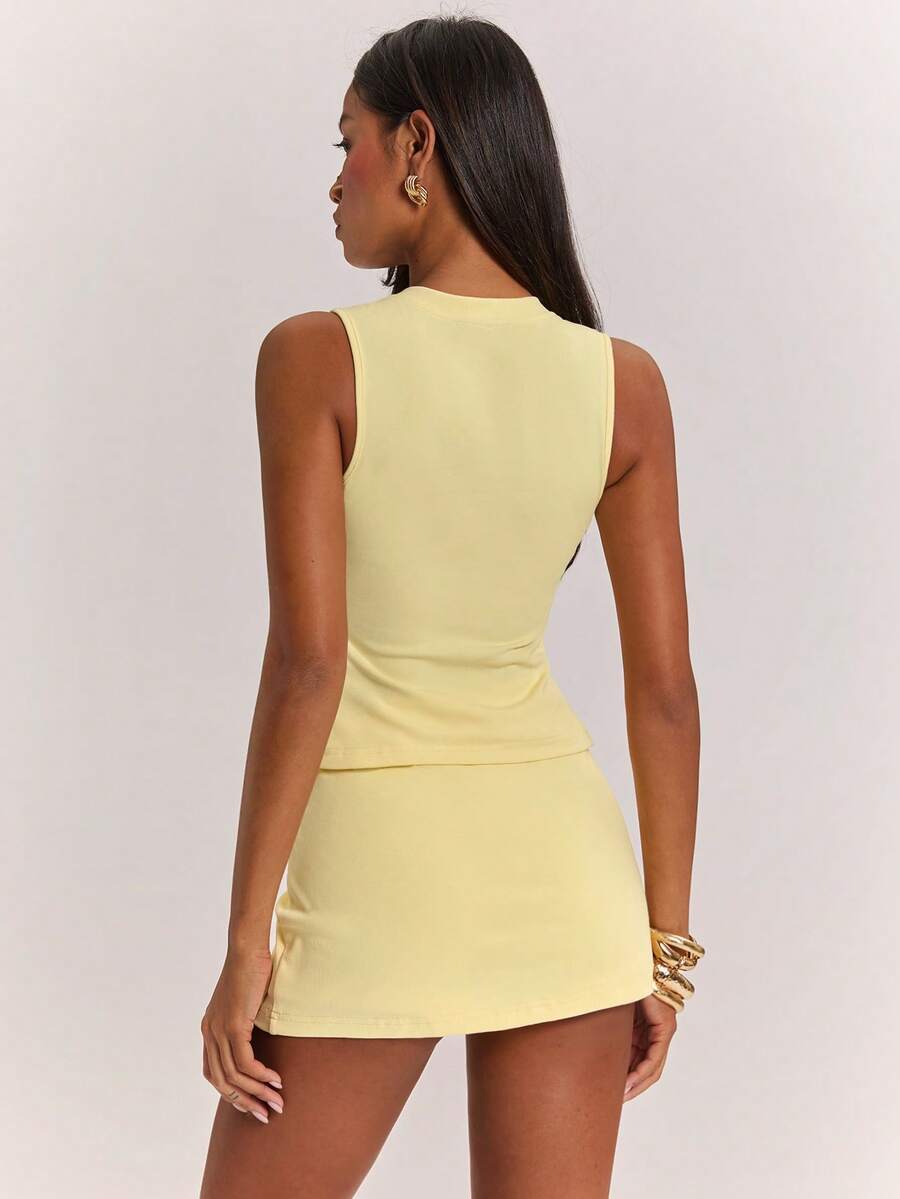 SHEIN BAE 2pcs/Set Women's Summer Knit Striped Round Neck Casual Tank Top And Low Waist Mini Skirt,Black,Summmer,Seksi Chic,Club Night,Ibiza Holiday,Yellow Set