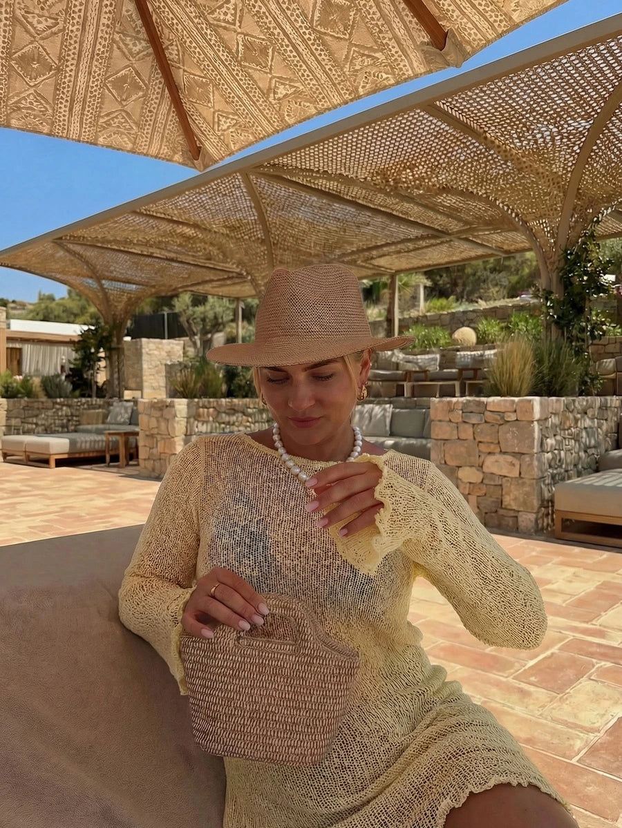 Women's Solid Yellow Hollow Long Sleeve Knit Dress, Y2K Style Casual Loose Fit, Elegant Beach Vacation Style, Swimsuit Cover-Up Summer