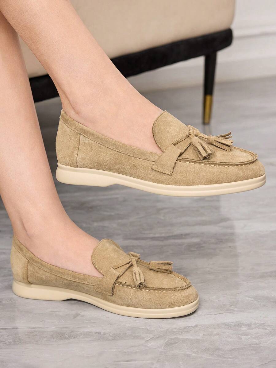 Sleekvia Women's Fashionable Apricot Suede Bow Tassel Design Comfortable Casual Loafers, Suitable For Commuting, Outdoor, Travel, Shopping, Work, Daily Wear