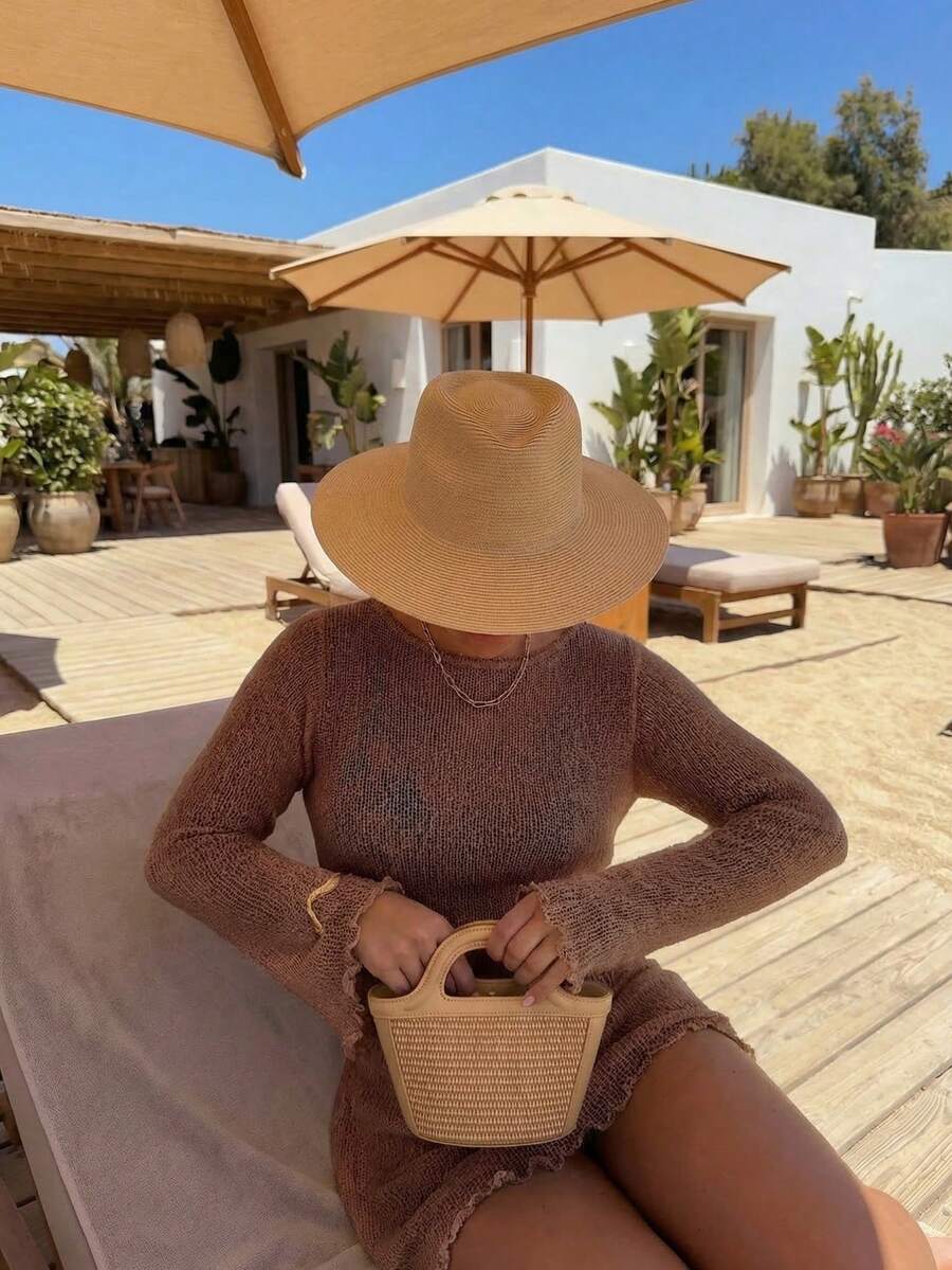 Women's Solid Yellow Hollow Long Sleeve Knit Dress, Y2K Style Casual Loose Fit, Elegant Beach Vacation Style, Swimsuit Cover-Up Summer
