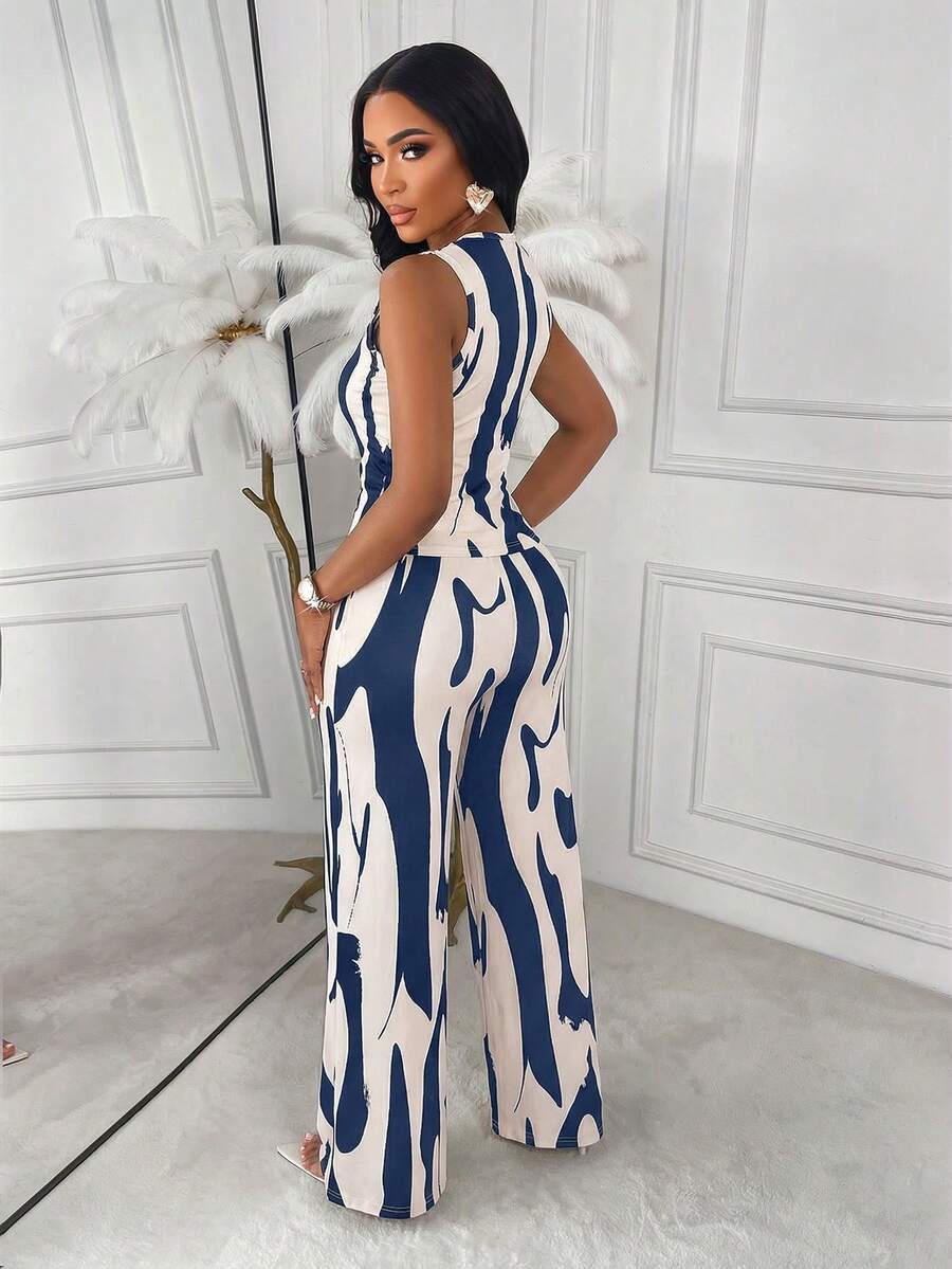 AIJ Amarilo Striped Sleeveless Top And Straight Leg Pants 2-Piece Suit Set, Elegant Business Casual, Latest Spring/Summer Women's Outfit Black