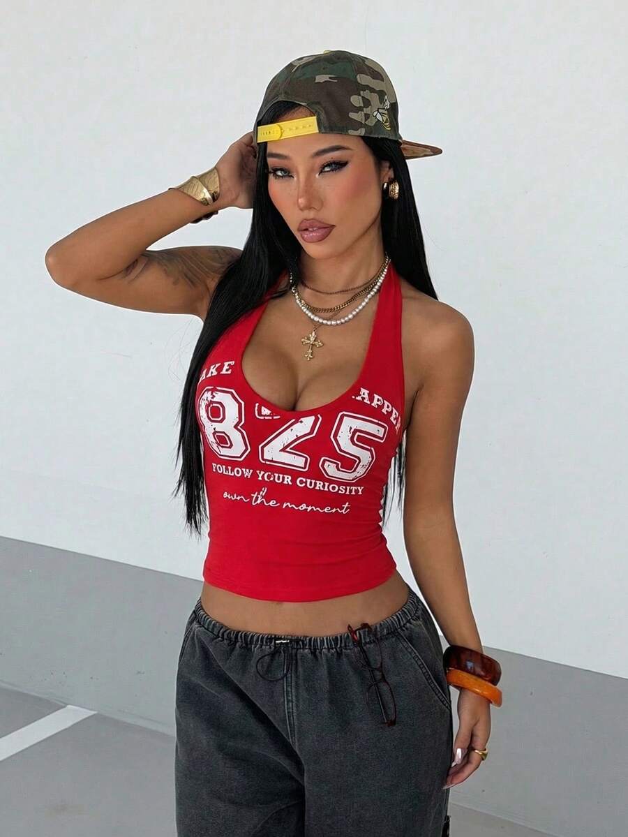 StreetHx Women's Navy Blue, Summer, Casual, Streetwear Y2k, City Break V-Neck Numeric College Print Halter Top Baddie For Music Festivals