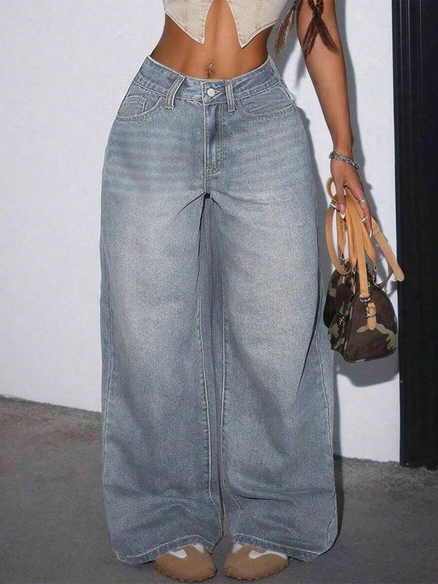 Women's Casual Loose Straight Leg Jeans With Pockets