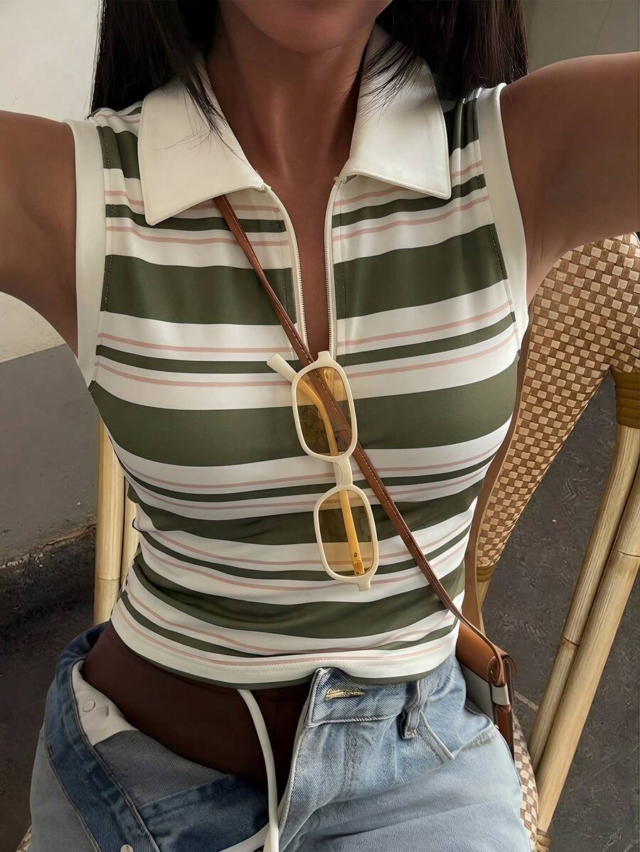 DAZY Women's Striped Collared Casual Tank Top, Summer Y2k