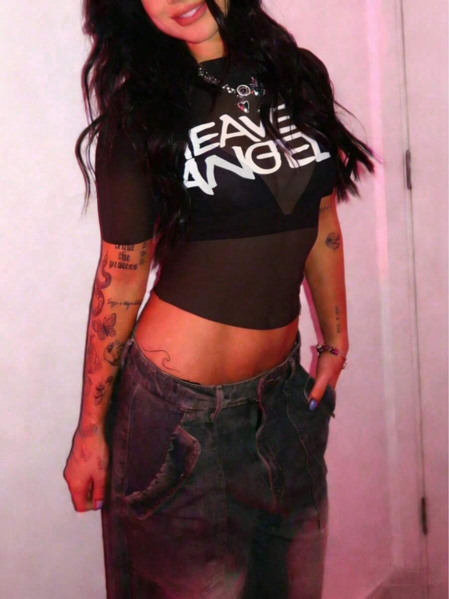 Sexy Summer Women's Top, Printed Mesh Short Sleeve T-Shirt For Valentine's Day, Nightclub, Sexy Party Wear, Sheer Top Casual