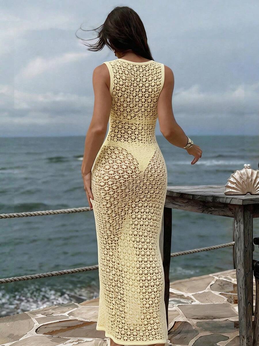 Spring/Summer New Women's Brown V-Neck Tie-Up Fitted Knit Maxi Dress, Y2K Bohemian Hollow Out Elegant Casual Beach Vacation Maxi Dress