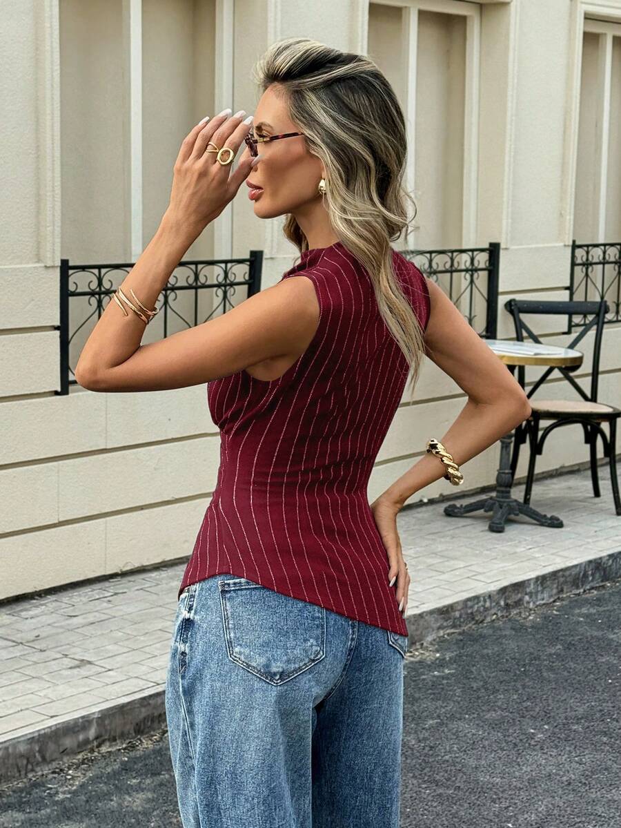Siren Gaze Spring & Summer Urban Casual Asymmetric Hem Striped Sleeveless Top ,Holidays, Casual , Beach For Women, Elegant , Spring Breaks , Navy Blue Top
