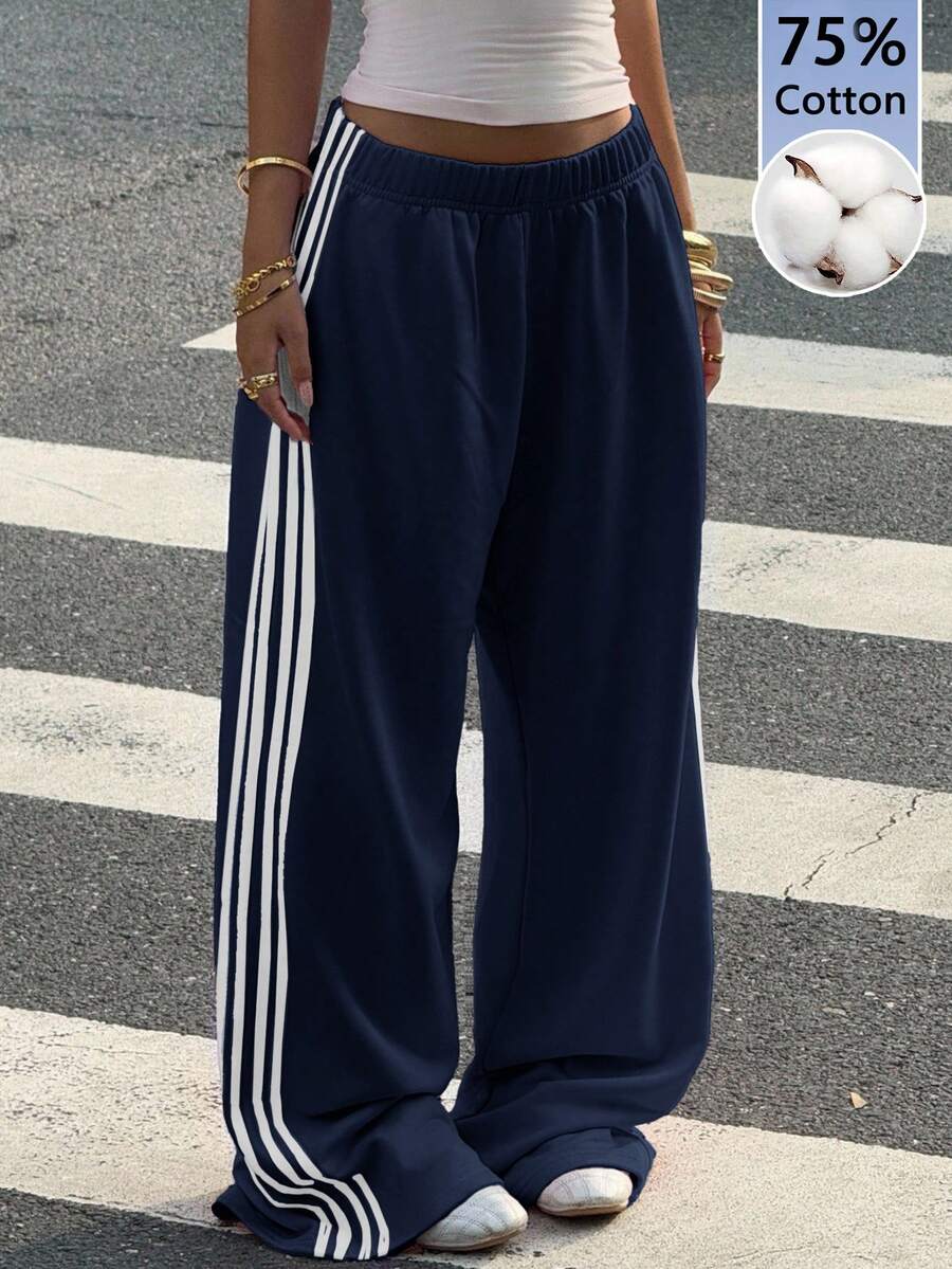 Muchica Women's Chocolate Brown Wide Leg Sweatpants With Brown Stripe,Winter Athleisure Gym Extra Long Knitted Fabric Casual Oversized Loose Striped Pants