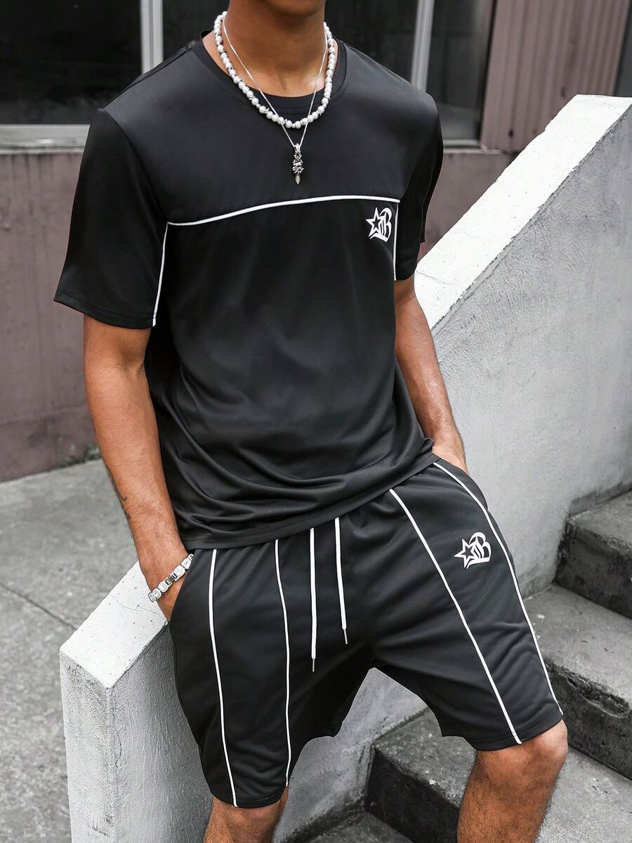 PAVTROS Men's Casual Contrast Color Short Sleeve T-Shirt And Shorts Set, Summer