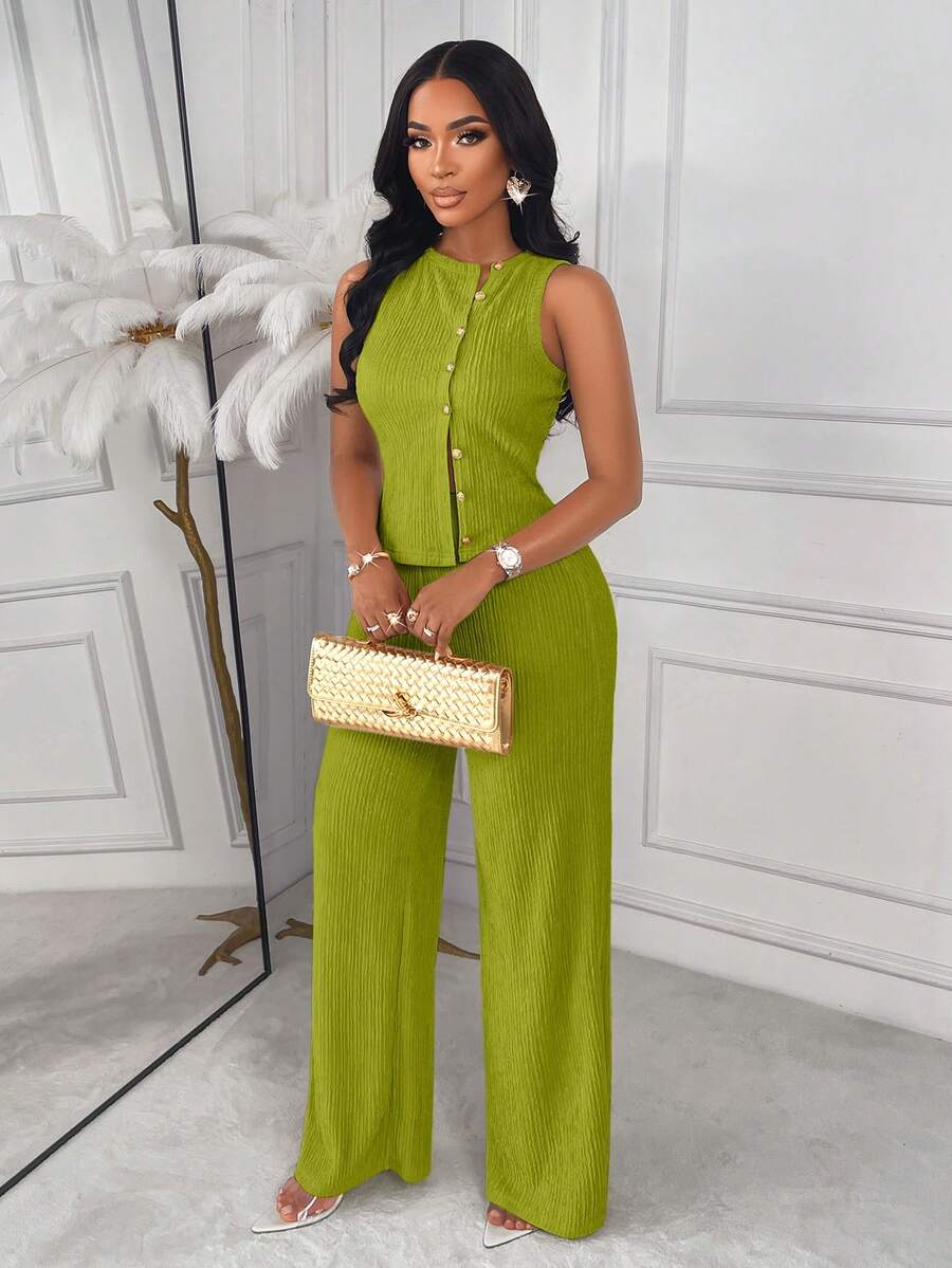 AIJ Amarilo Striped Sleeveless Top And Straight Leg Pants 2-Piece Suit Set, Elegant Business Casual, Latest Spring/Summer Women's Outfit Black