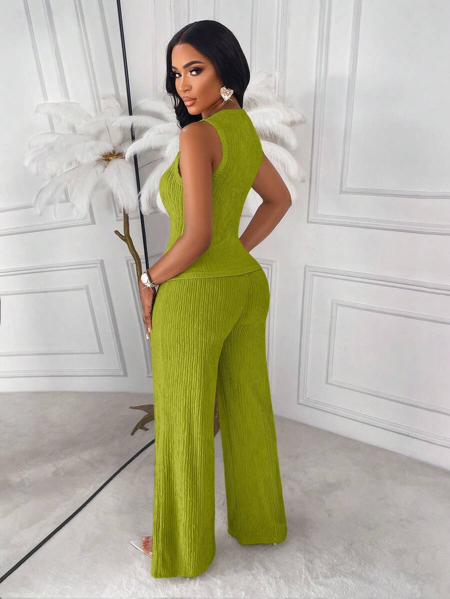 AIJ Amarilo Striped Sleeveless Top And Straight Leg Pants 2-Piece Suit Set, Elegant Business Casual, Latest Spring/Summer Women's Outfit Black