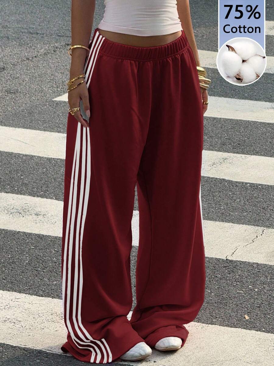 Muchica Women's Chocolate Brown Wide Leg Sweatpants With Brown Stripe,Winter Athleisure Gym Extra Long Knitted Fabric Casual Oversized Loose Striped Pants