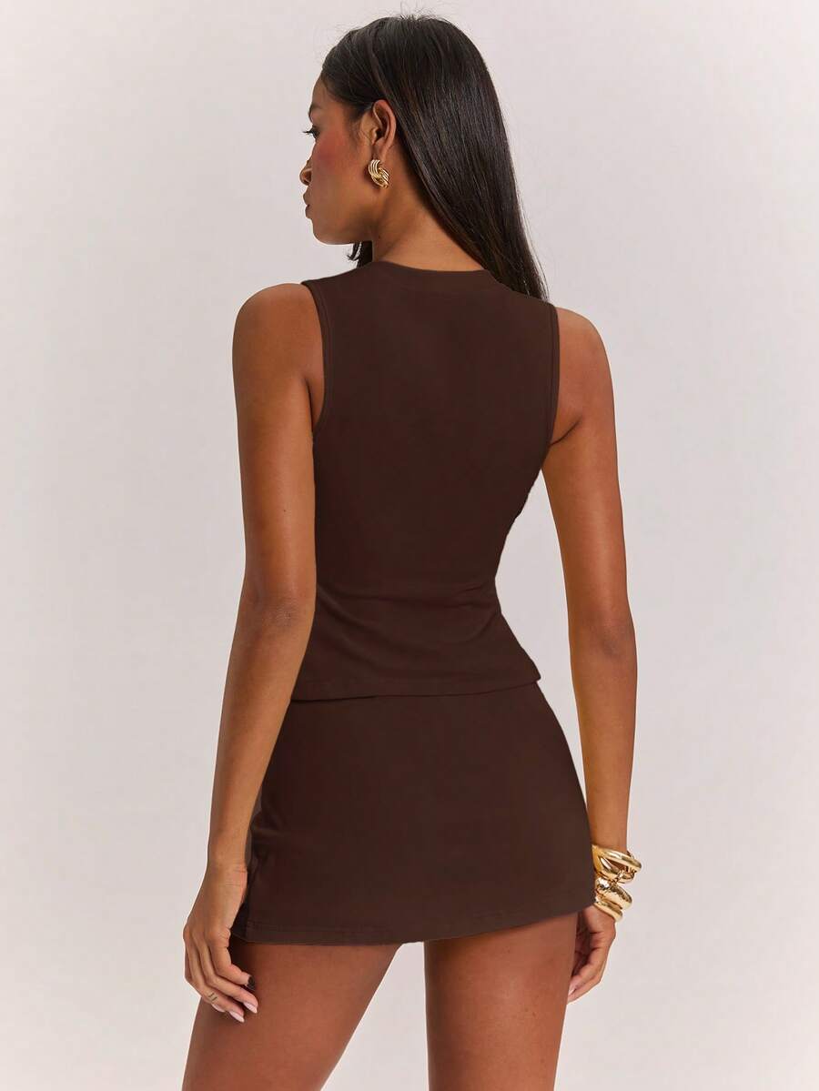 SHEIN BAE 2pcs/Set Women's Summer Knit Striped Round Neck Casual Tank Top And Low Waist Mini Skirt,Black,Summmer,Seksi Chic,Club Night,Ibiza Holiday,Yellow Set