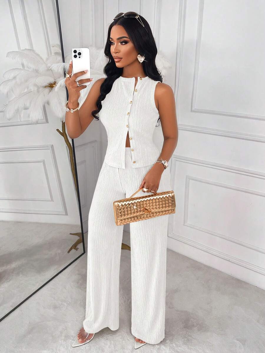 AIJ Amarilo Striped Sleeveless Top And Straight Leg Pants 2-Piece Suit Set, Elegant Business Casual, Latest Spring/Summer Women's Outfit Black