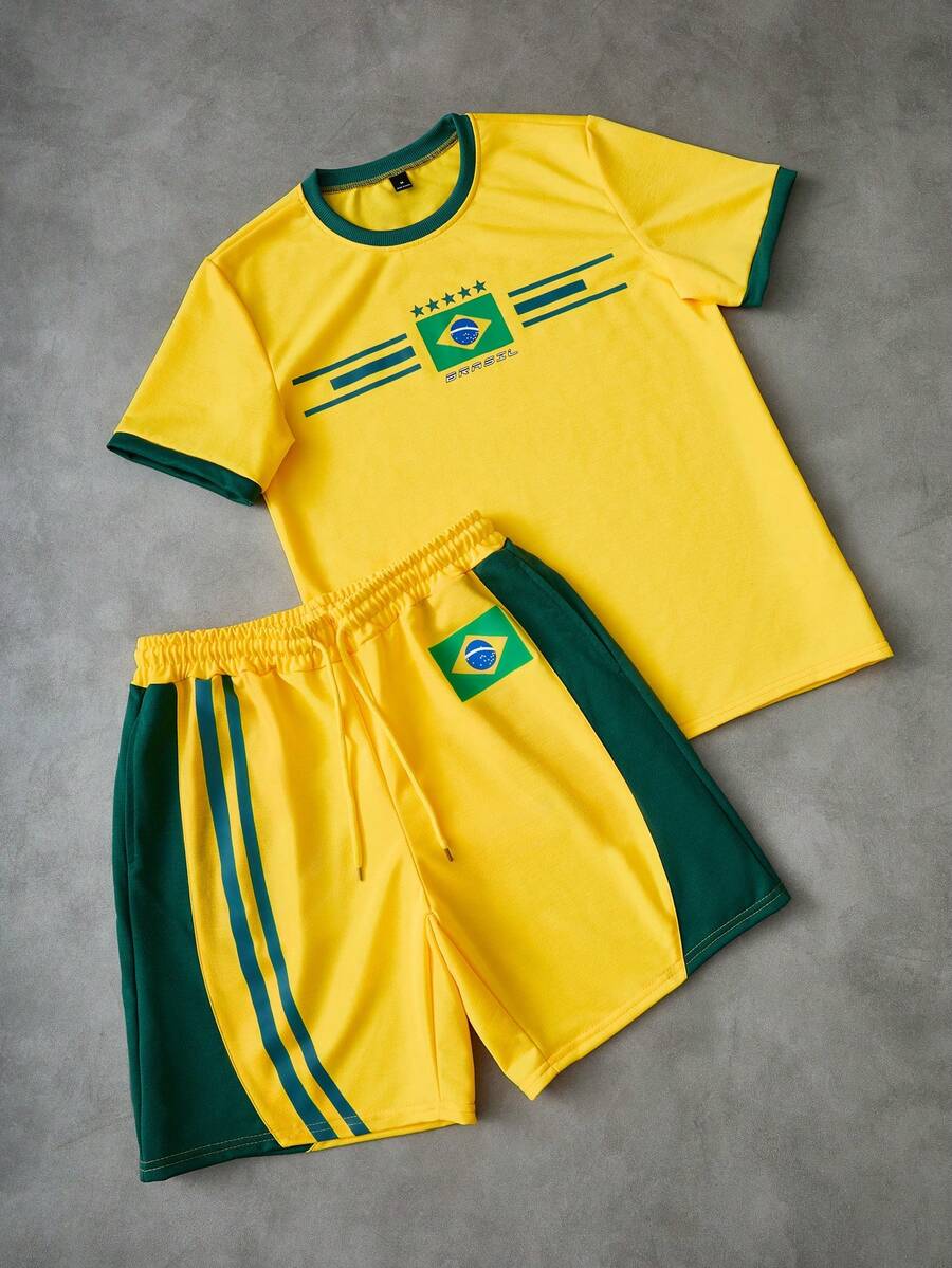 PAVTROS Men's Casual Contrast Color Short Sleeve T-Shirt And Shorts Set, Summer