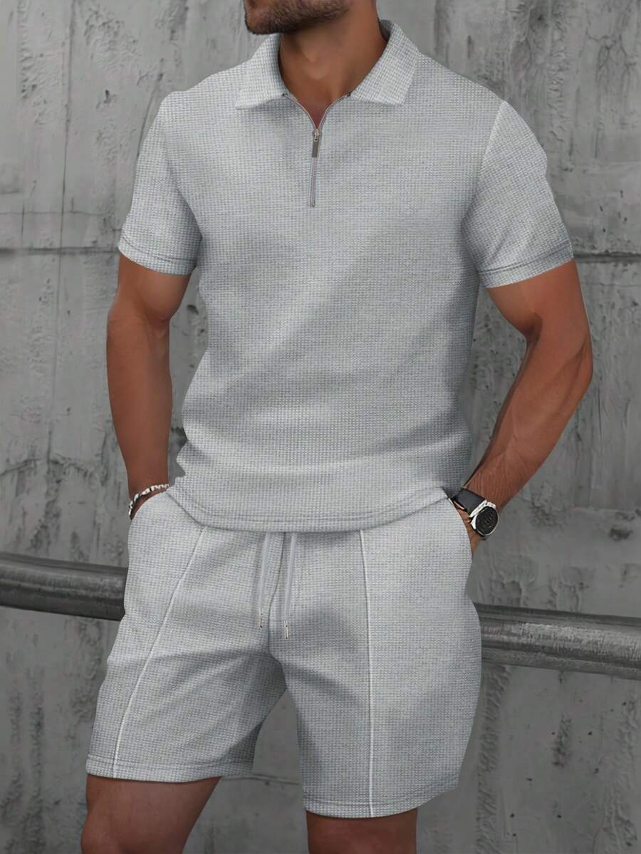 2pcs/Set Men's Waffle Fabric Classic Zip Collar Short Sleeve Polo Shirt + Shorts, Summer Casual Fashion Resort Beach Outfit