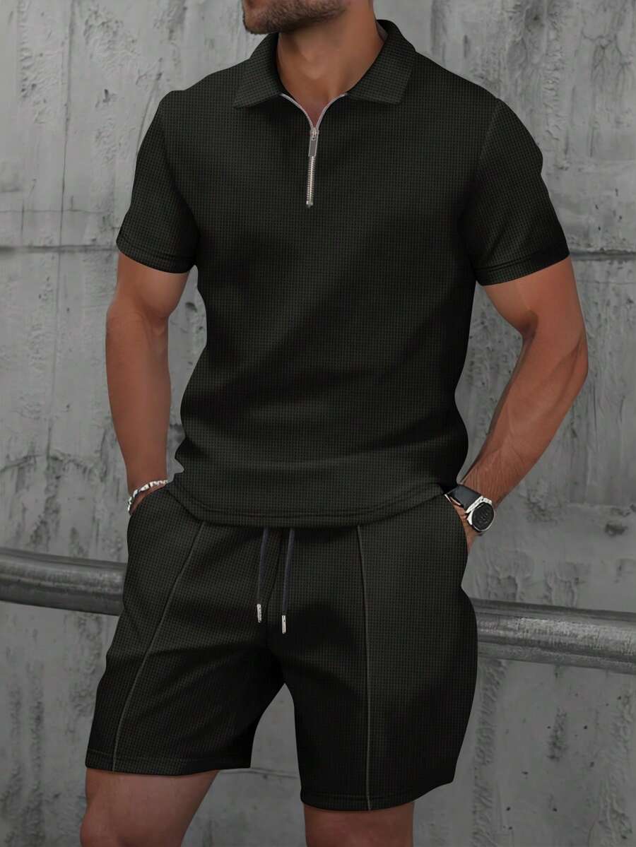 2pcs/Set Men's Waffle Fabric Classic Zip Collar Short Sleeve Polo Shirt + Shorts, Summer Casual Fashion Resort Beach Outfit