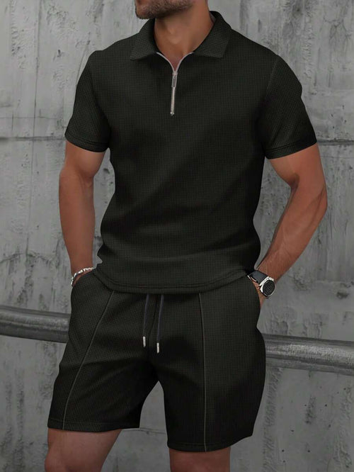 2pcs/Set Men's Waffle Fabric Classic Zip Collar Short Sleeve Polo Shirt + Shorts, Summer Casual Fashion Resort Beach Outfit