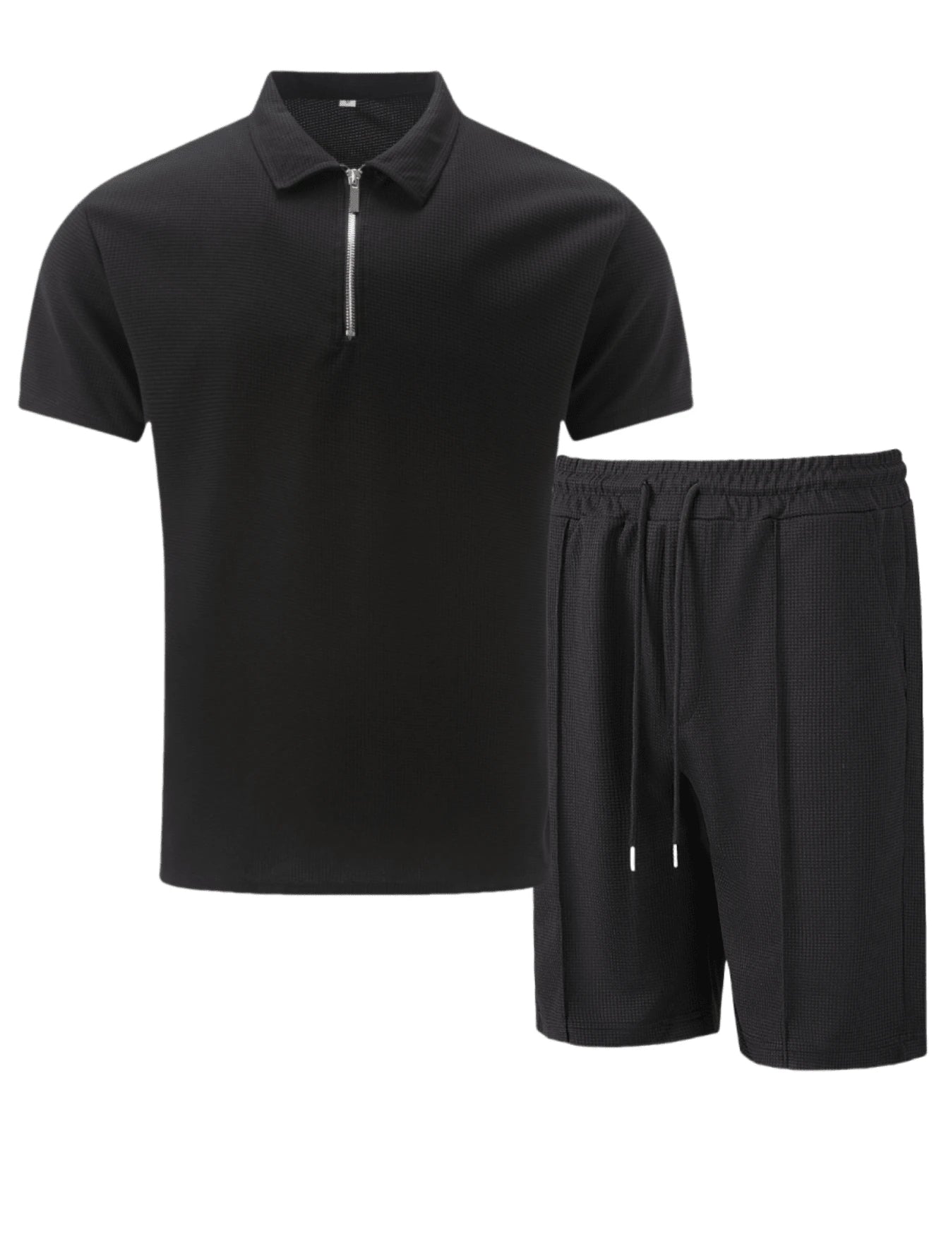 2pcs/Set Men's Waffle Fabric Classic Zip Collar Short Sleeve Polo Shirt + Shorts, Summer Casual Fashion Resort Beach Outfit