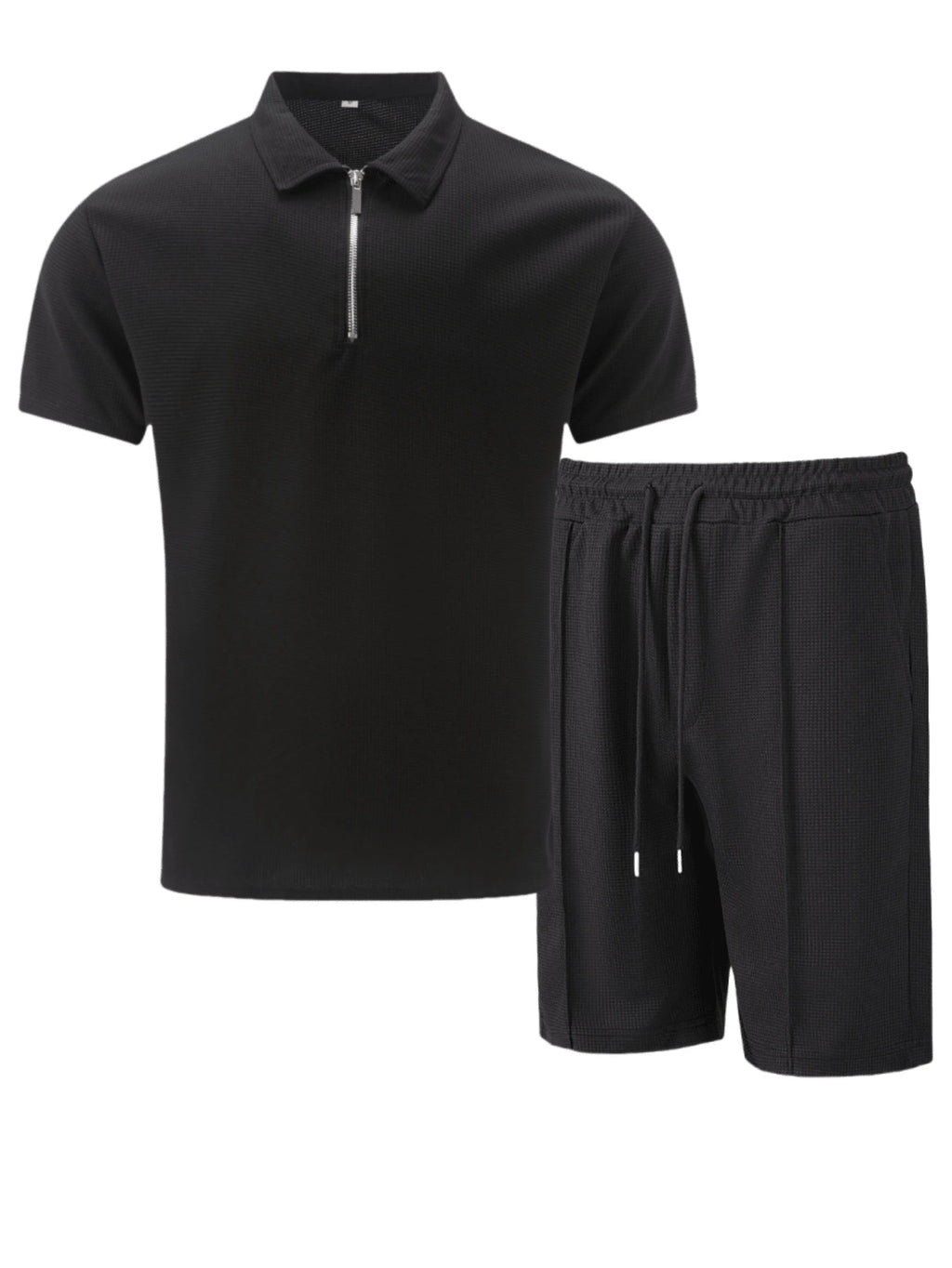 2pcs/Set Men's Waffle Fabric Classic Zip Collar Short Sleeve Polo Shirt + Shorts, Summer Casual Fashion Resort Beach Outfit