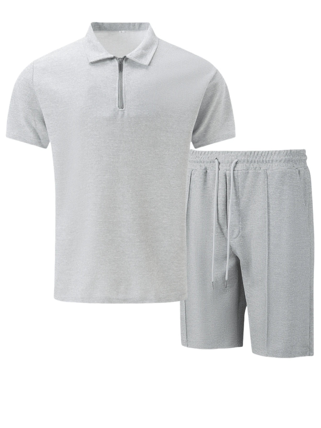 2pcs/Set Men's Waffle Fabric Classic Zip Collar Short Sleeve Polo Shirt + Shorts, Summer Casual Fashion Resort Beach Outfit