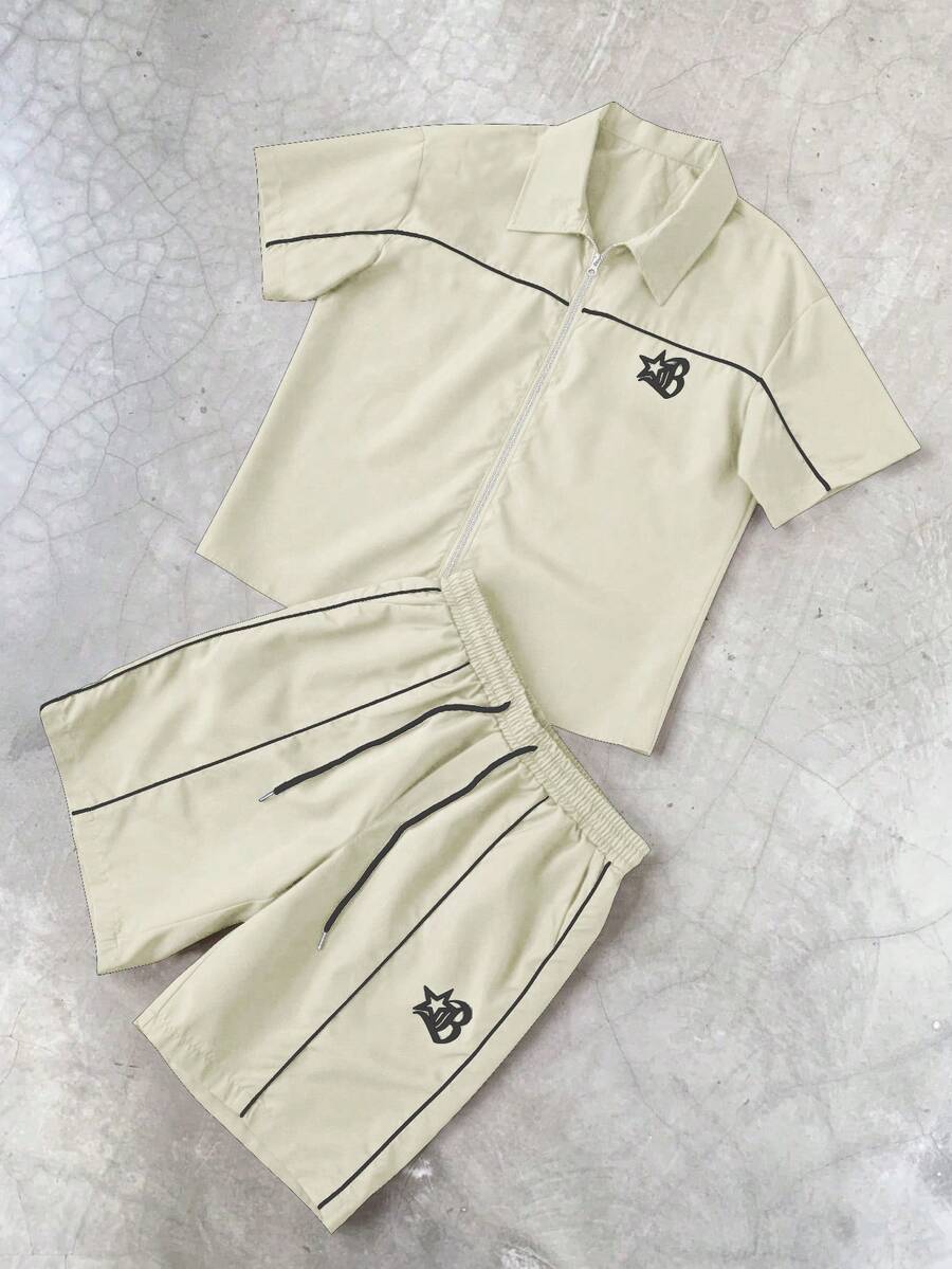PAVTROS Men's Letter Print Color Block Short Sleeve Shirt And Shorts Casual Daily Outfit