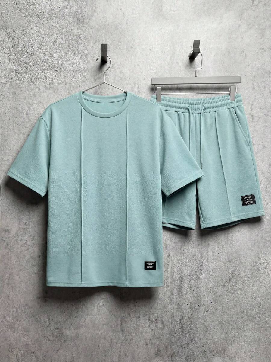 HIMLAND Men's Solid Color Plant Print Crew Neck Short Sleeve T-Shirt And Drawstring Waist Pocket Shorts Set